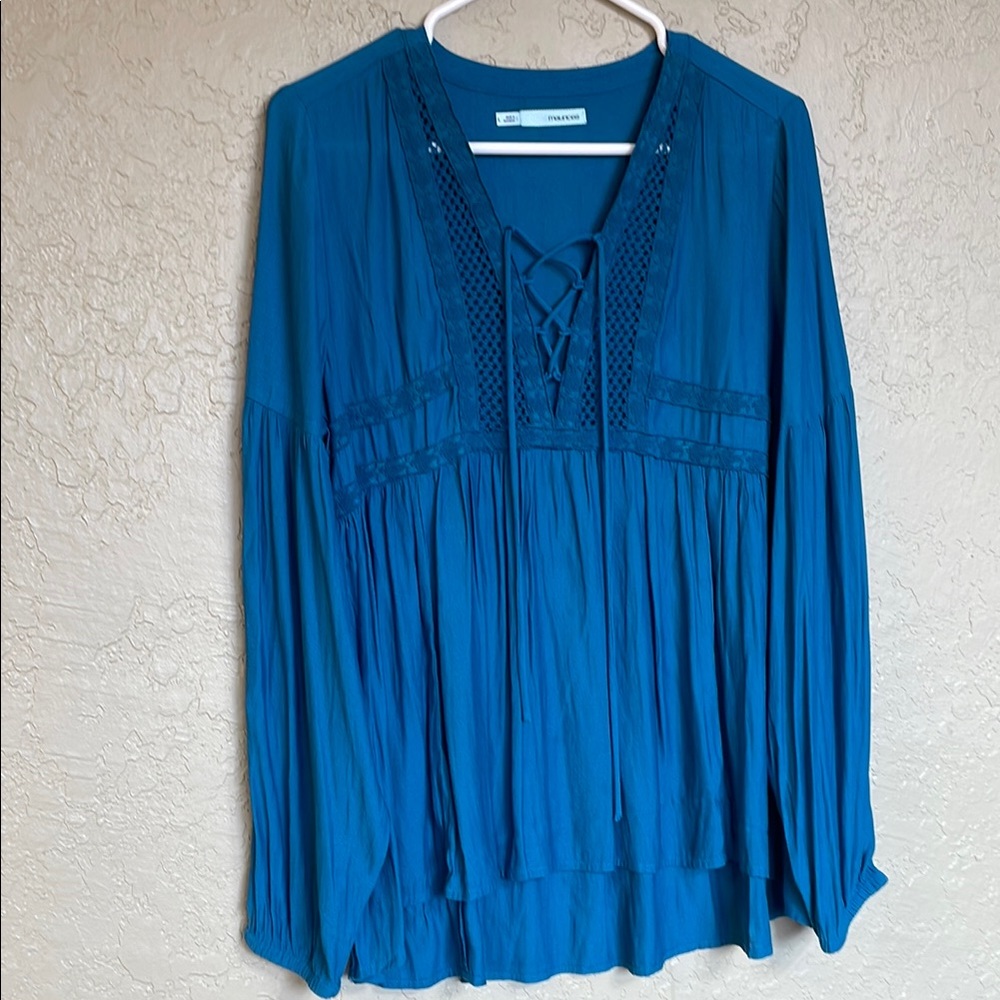 Maurices Blue Long Sleeve Pleated Tie Front Blouse